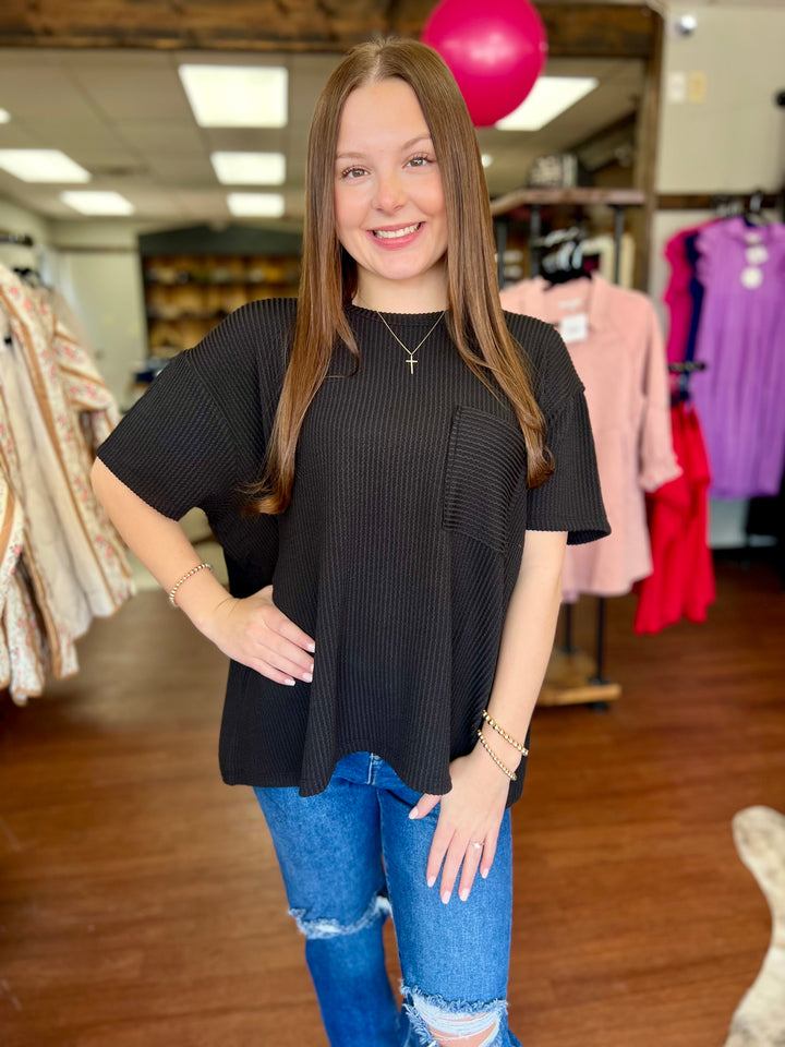 Callie Corded Rib Short Sleeve Pocket Top