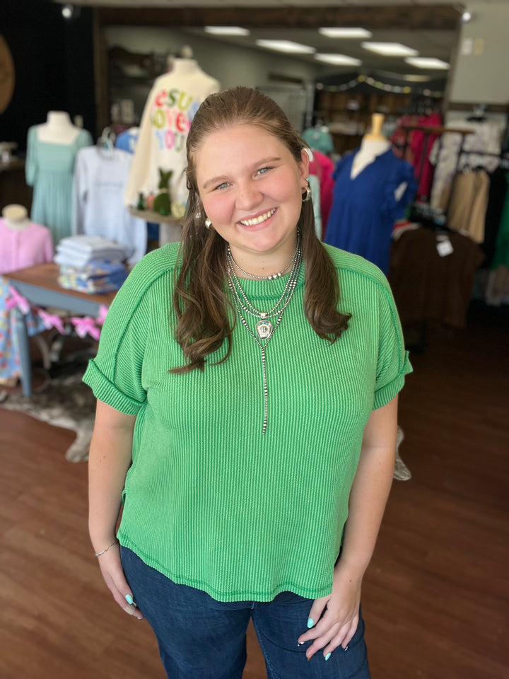 Carrie Corded Rib Cuff Sleeve Raw Edge Top