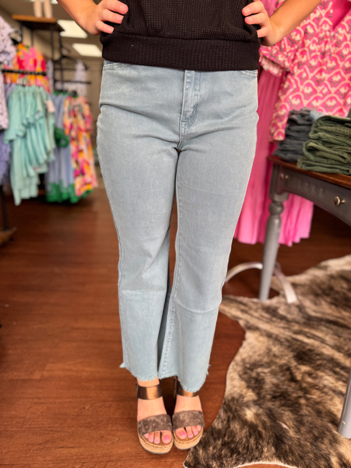 Ally Acid Washed High Waist Frayed Hem Flare Crop Pants