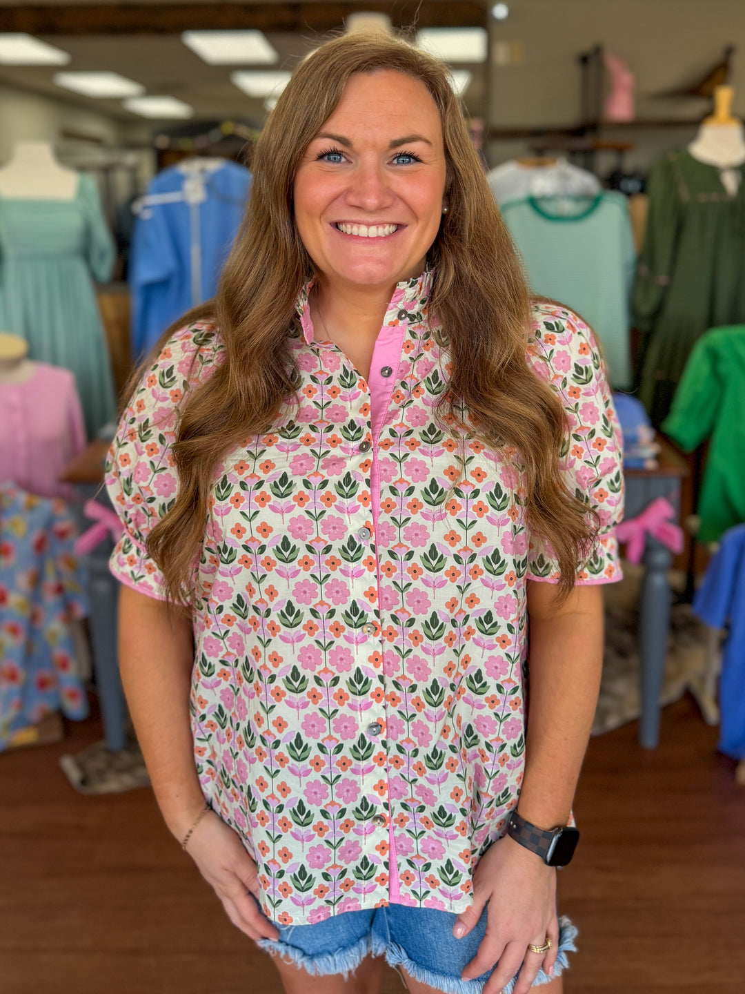 Kara Pink Button Up Blouse Top