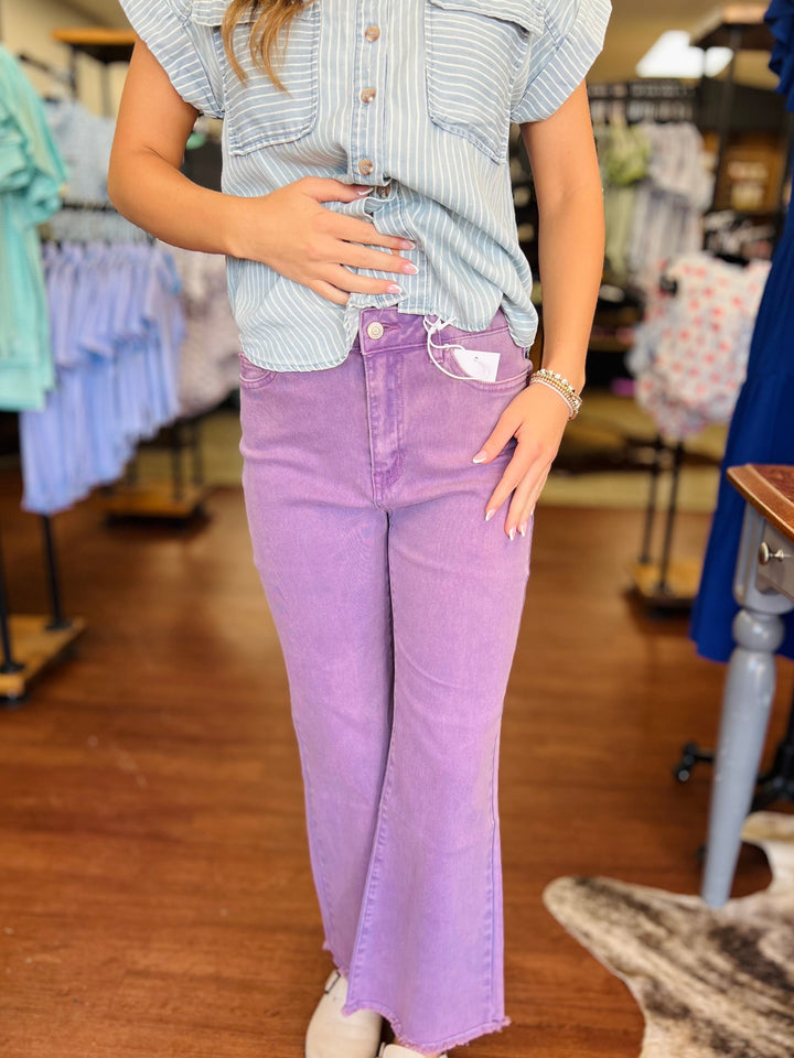 Ally Acid Washed High Waist Frayed Hem Flare Crop Pants