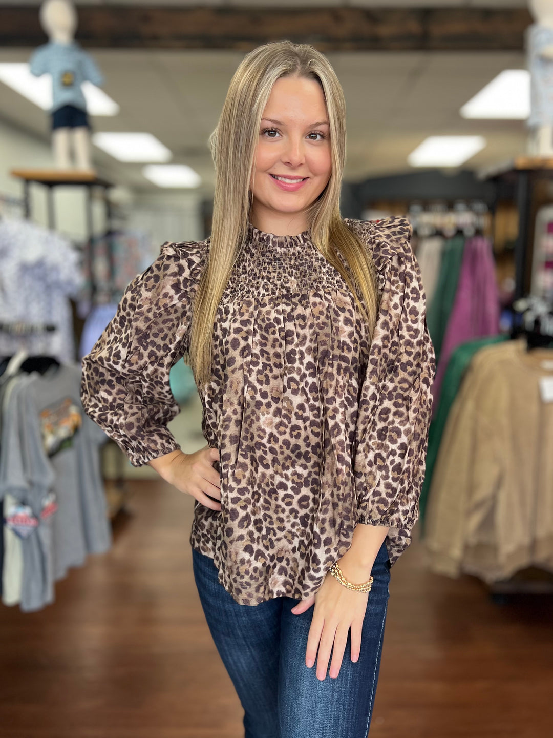 Smocked Leopard Print Ruffle Blouse