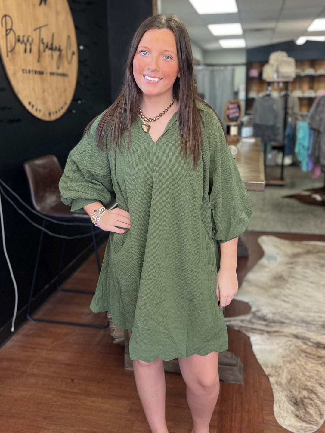 Olive V-Neck Dress with Puff Sleeves