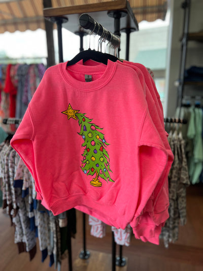 YOUTH Neon Pink Christmas Tree Crewneck Sweatshirt