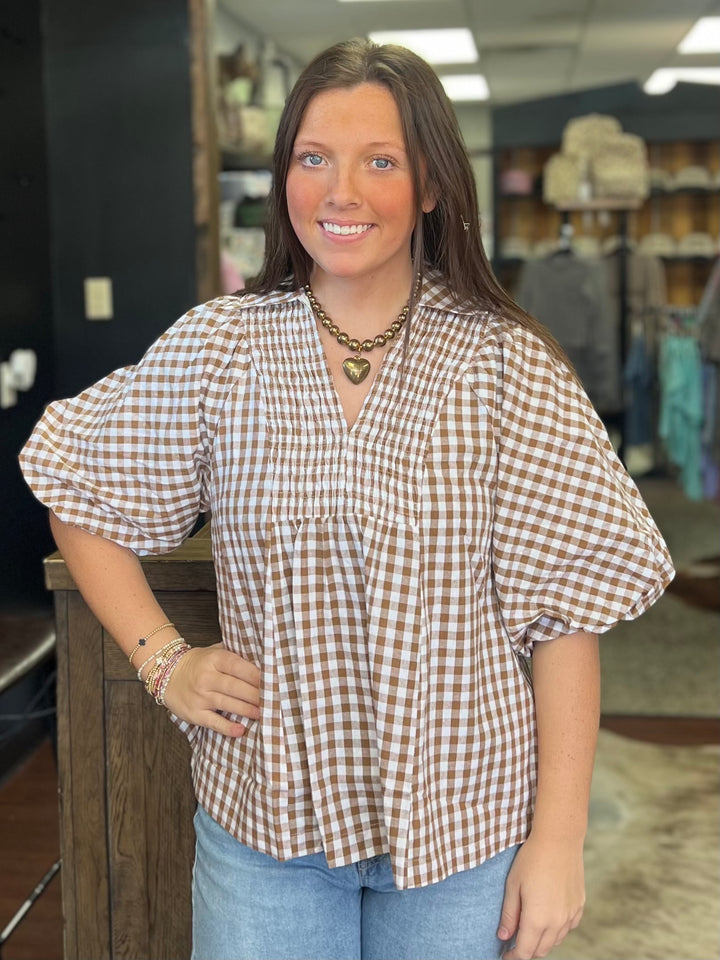 Gingham Smocked Yoke Puff Sleeve Blouse