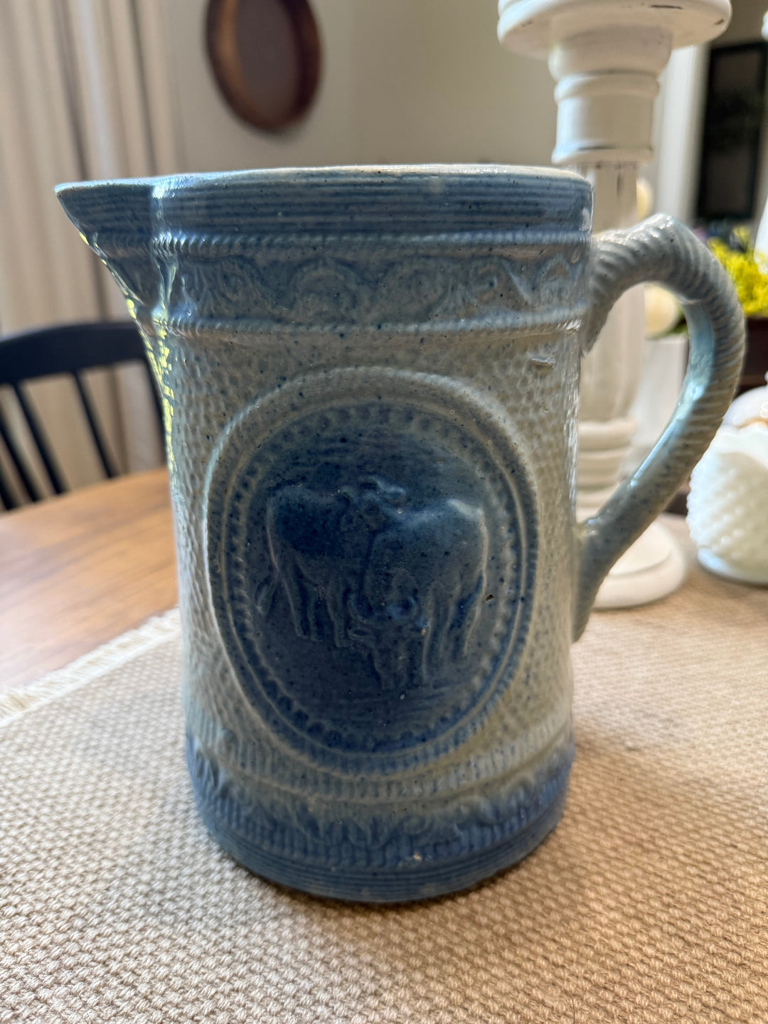 Antique Salt Glaze Pitcher Blue And White Stoneware