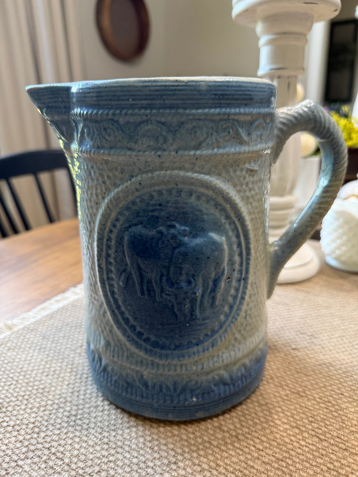 Antique Salt Glaze Pitcher Blue And White Stoneware