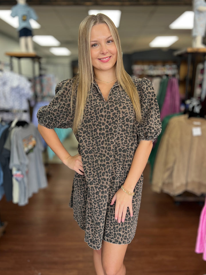 Stone Wash Leopard Print Mini Dress