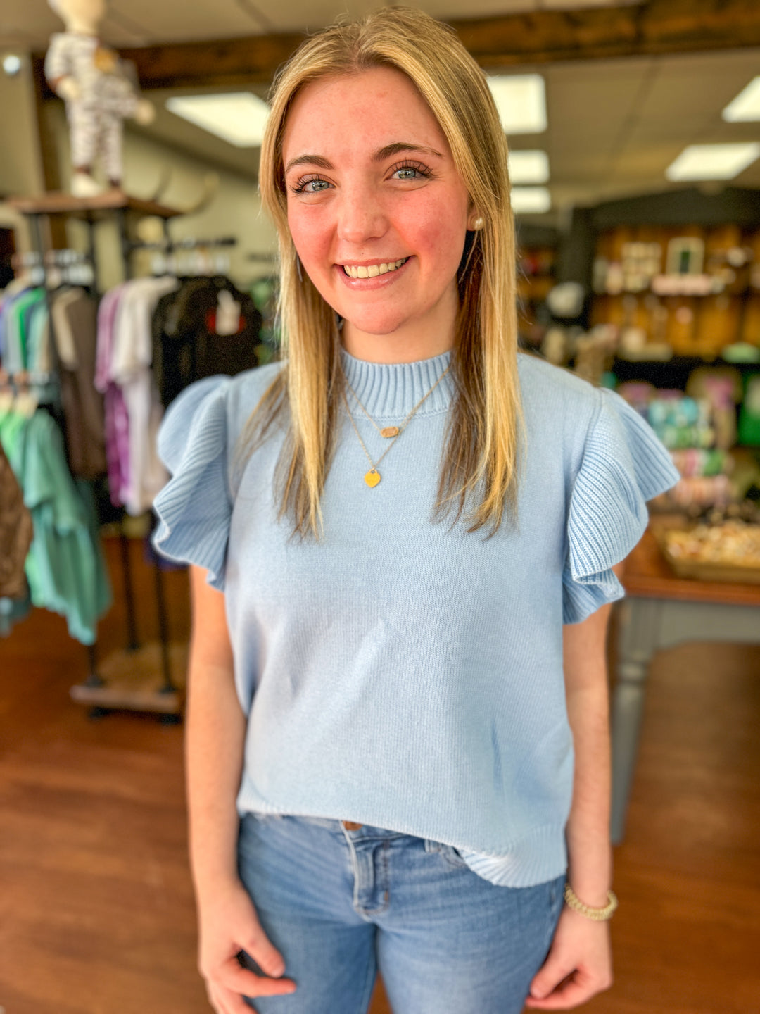 Powder Blue Ruffle Sleeve Sweater Top