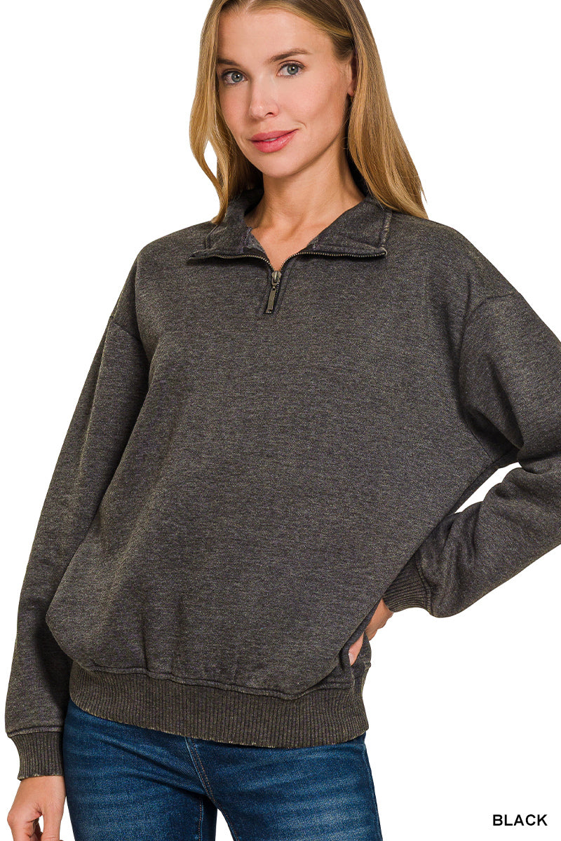 ACID WASH FLEECE HALF ZIP PULLOVER