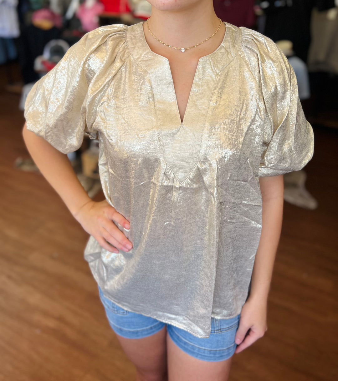 Metallic Puff Sleeve Blouse