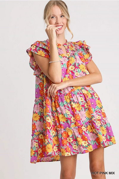 V-Notched Floral Print Dress