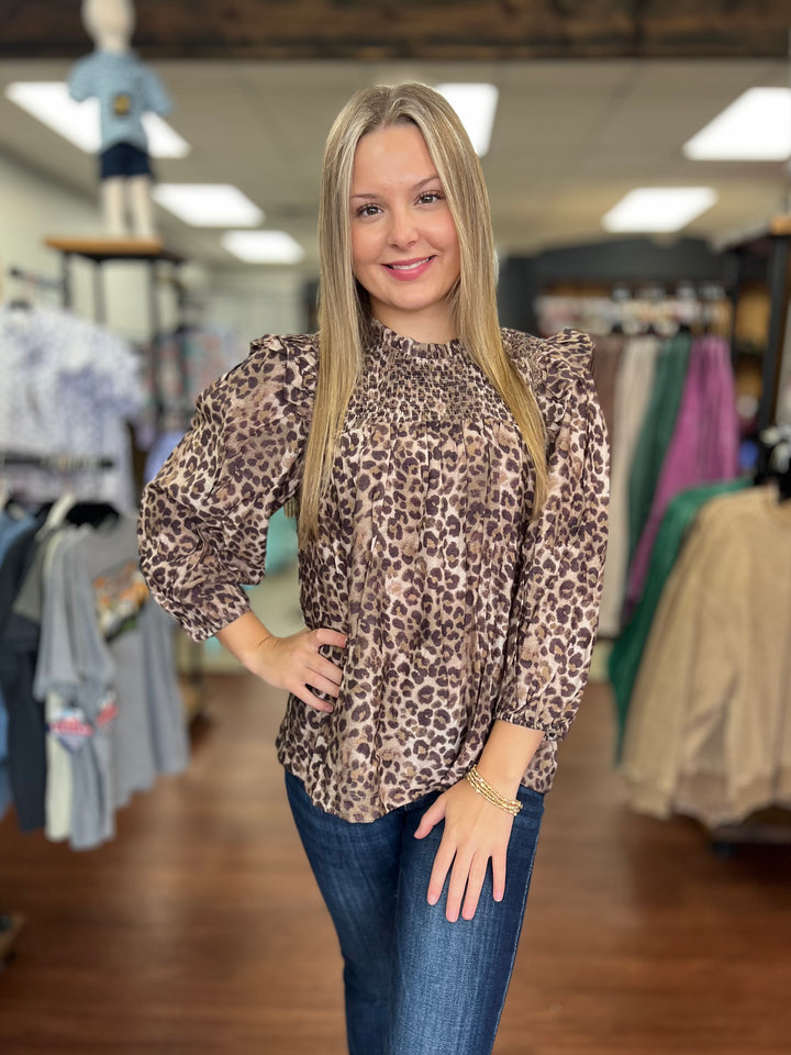 Smocked Leopard Print Ruffle Blouse