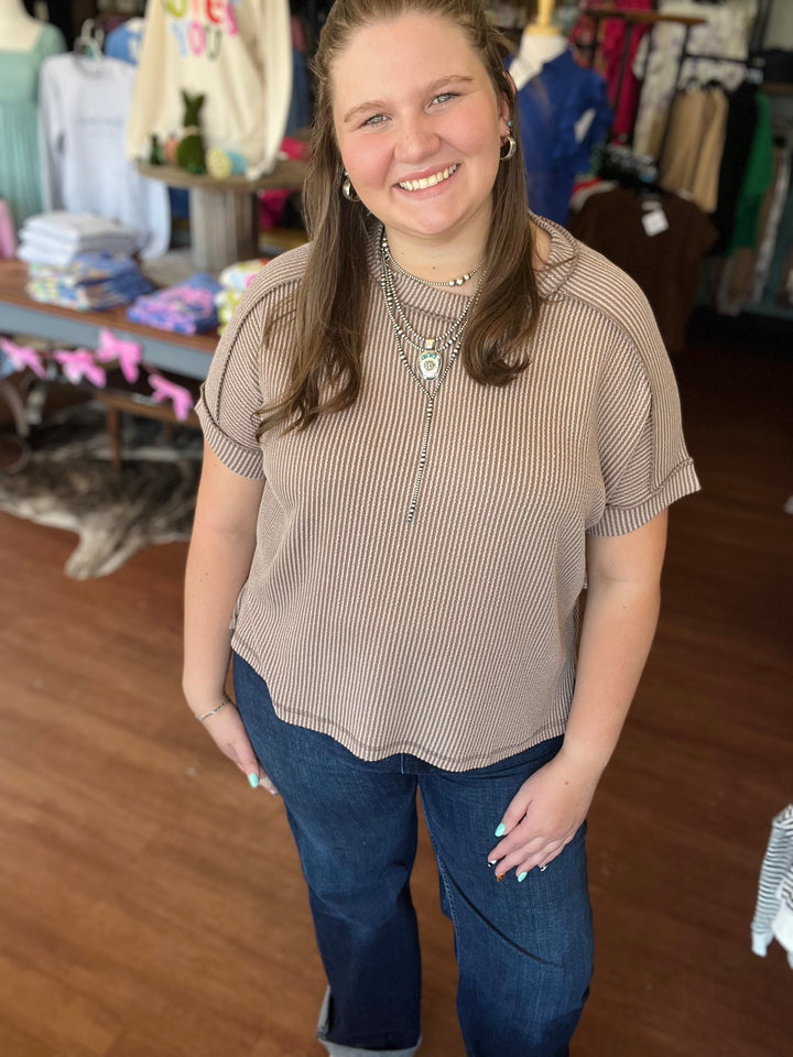 Carrie Corded Rib Cuff Sleeve Raw Edge Top