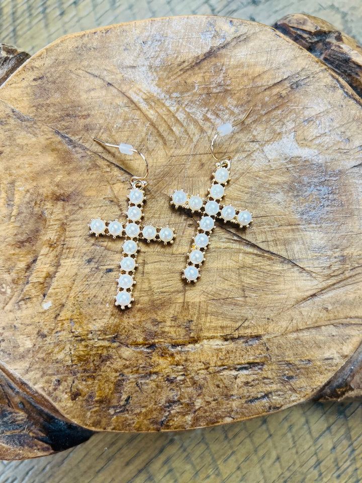 Pearl Cross Earrings 
Cream/Gold