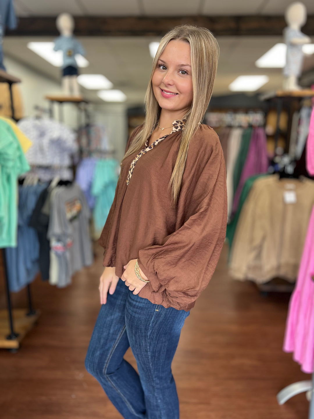 Brown Balloon Sleeve Blouse with Leopard Trim