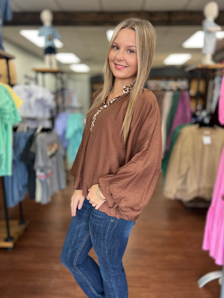 Brown Balloon Sleeve Blouse with Leopard Trim