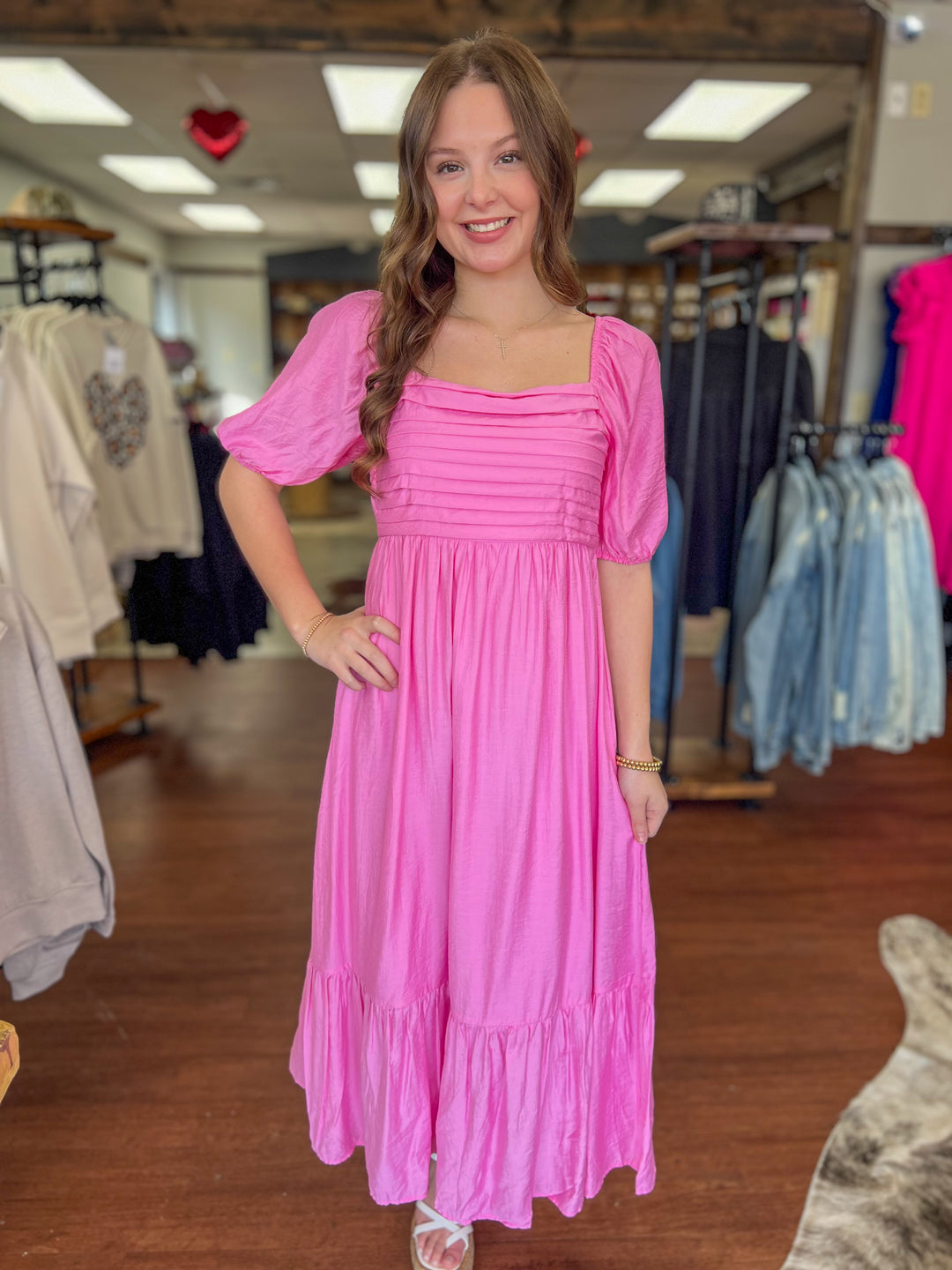 CHARLOTTE PLEATED EMPIRE WAIST PUFF SLEEVE MIDI DRESS Bass Trading Company CHARLOTTE PLEATED EMPIRE WAIST PUFF SLEEVE MIDI DRESS Bass Trading Company