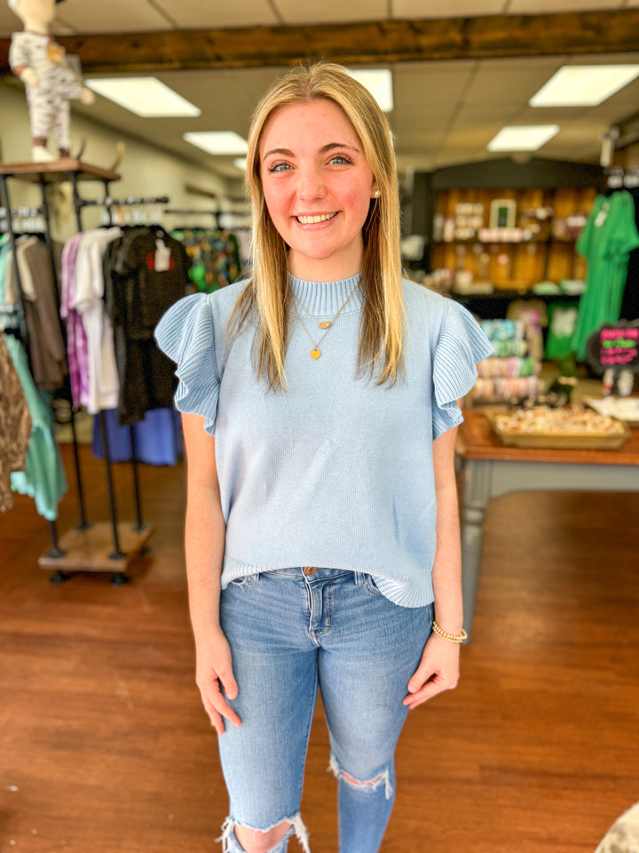 Powder Blue Ruffle Sleeve Sweater Top