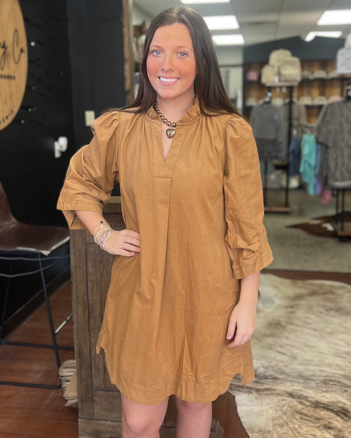 Corduroy Split Neck Puff Sleeve Shift Dress