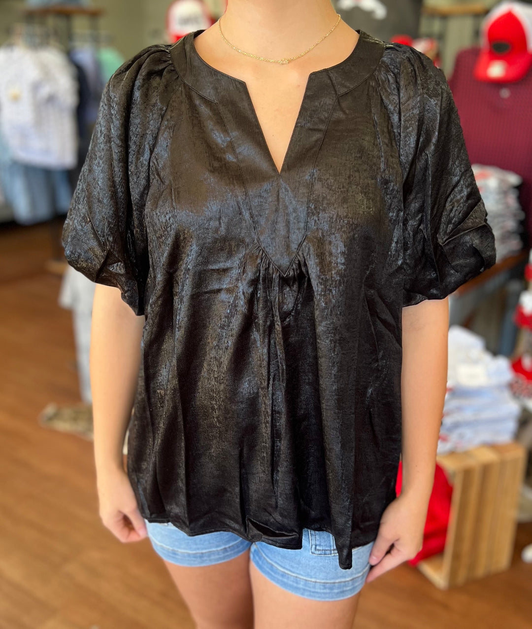 Metallic Puff Sleeve Blouse
