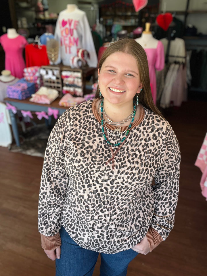 Rib Animal Print Drop Shoulder V Seam Long Sleeve Top