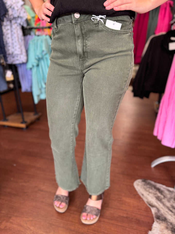 Ally Acid Washed High Waist Frayed Hem Flare Crop Pants