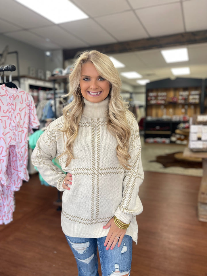 Plaid Cream Turtle Neck Sweater