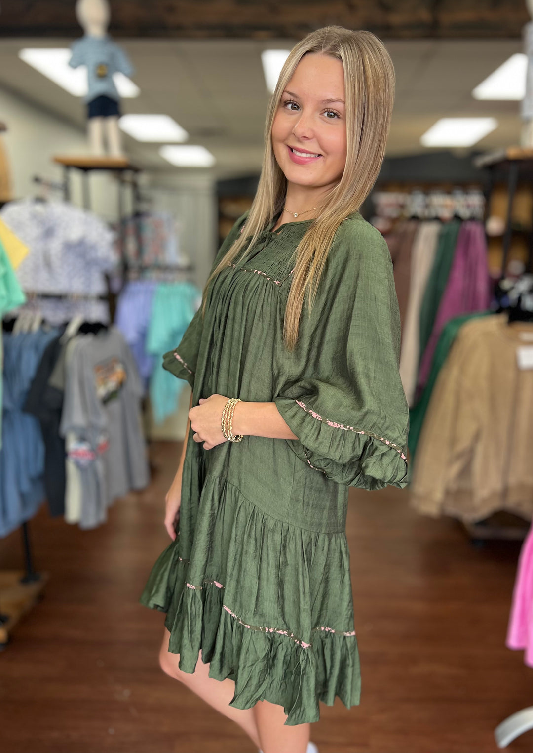 Olive Tiered Long Sleeve Mini Dress