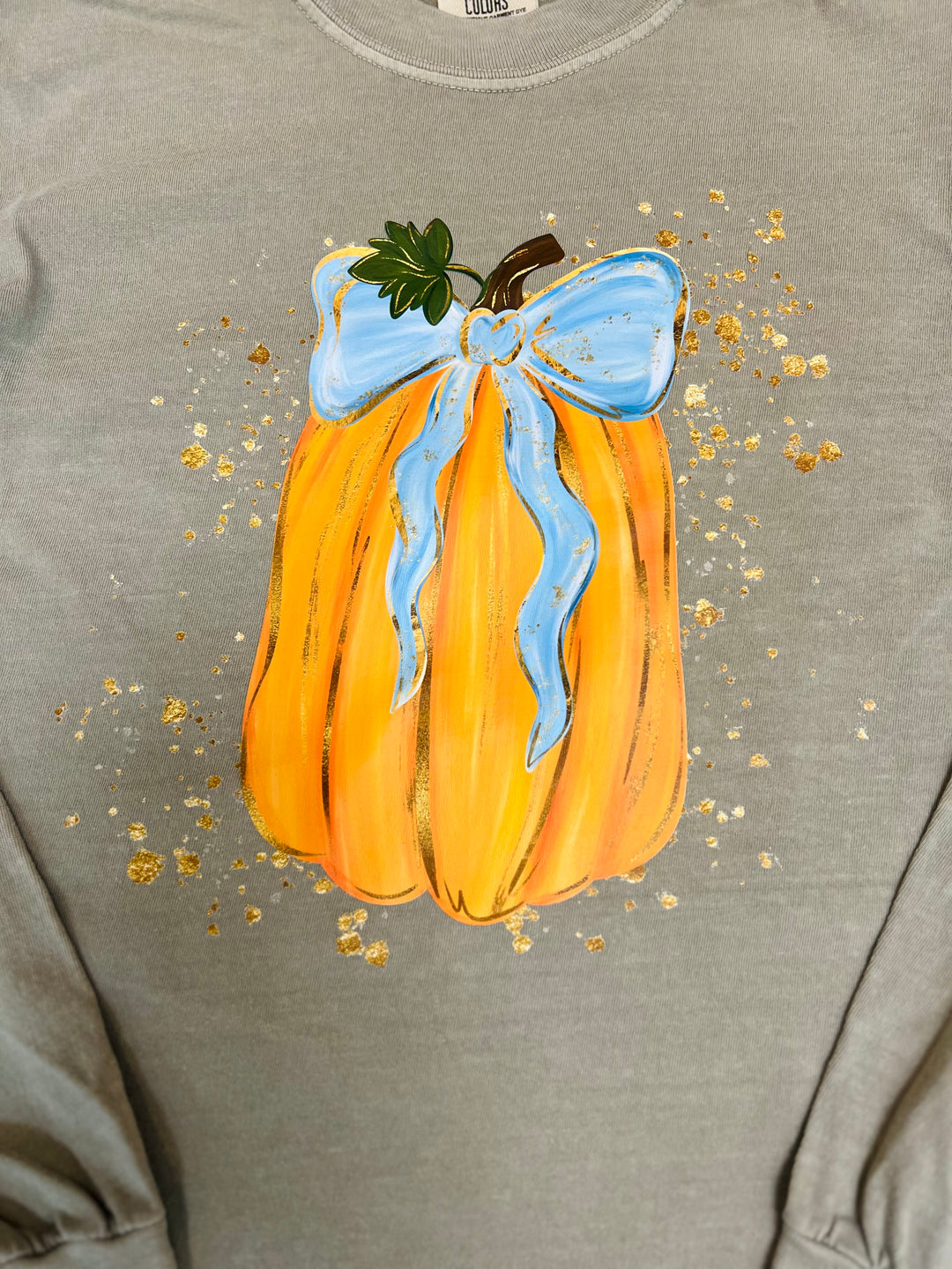 Orange Watercolor Pumpkin Blue Bow LS Tee