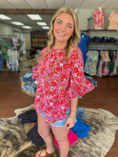 Hot Pink Floral Ruffle Sleeve Top