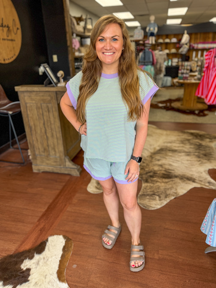 Striped Knit Top and Shorts Lounge Set