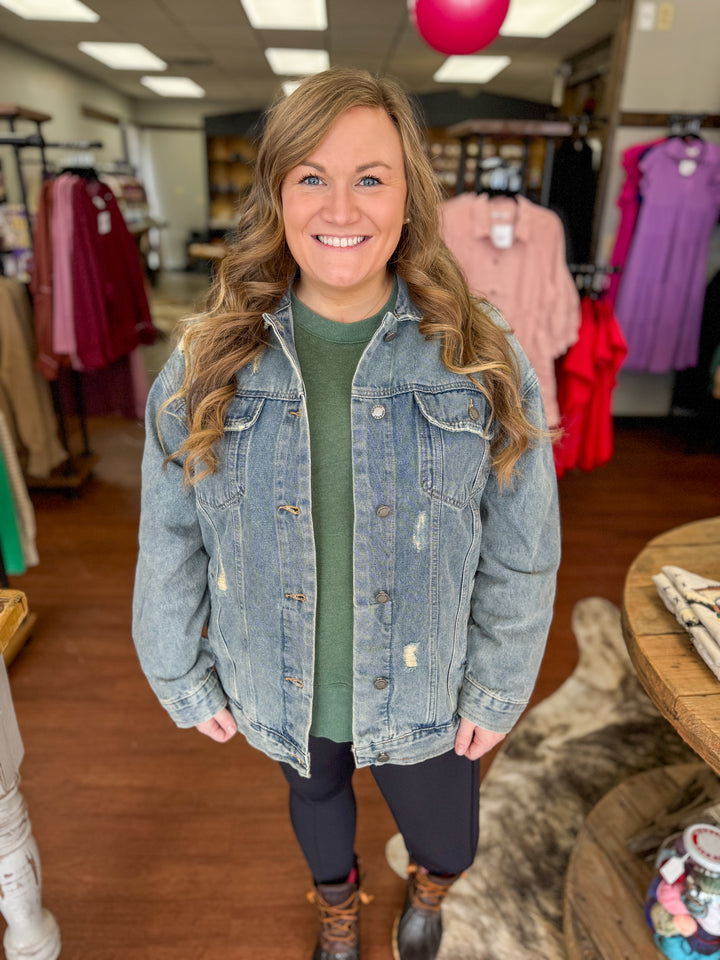 Plus Size Med Wash Distressed Classic Denim Jacket