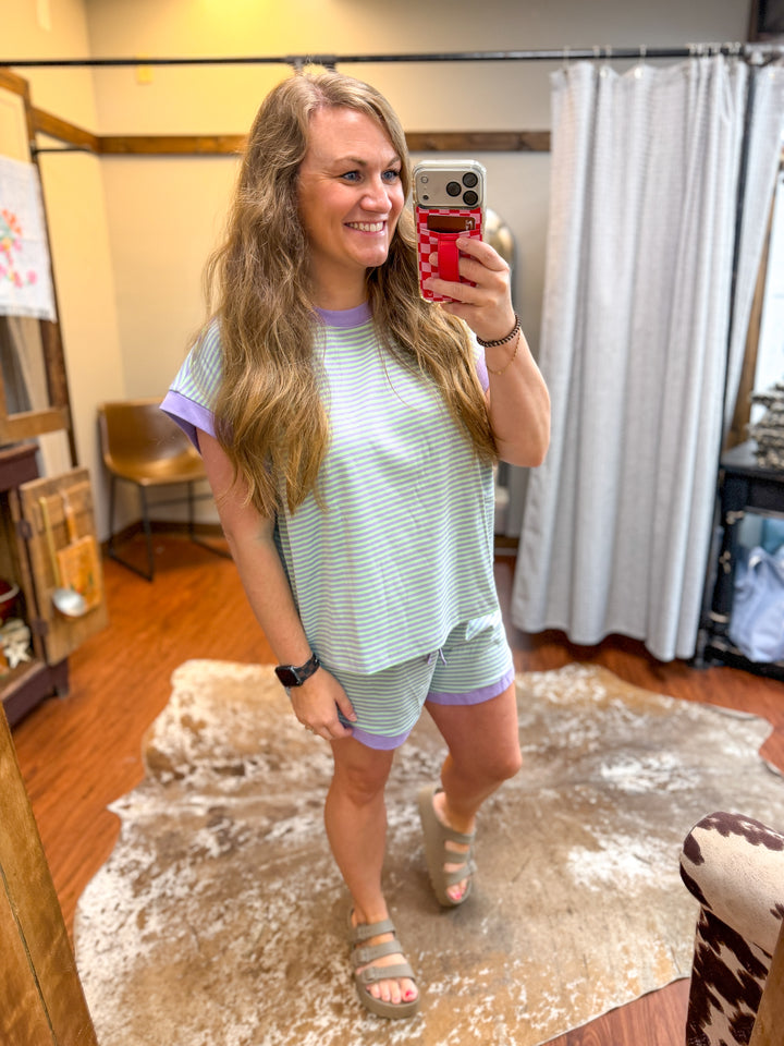 Striped Knit Top and Shorts Lounge Set