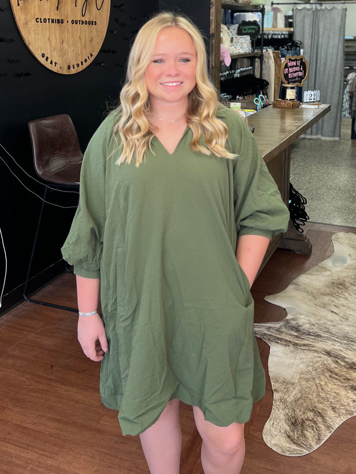 Olive V-Neck Dress with Puff Sleeves