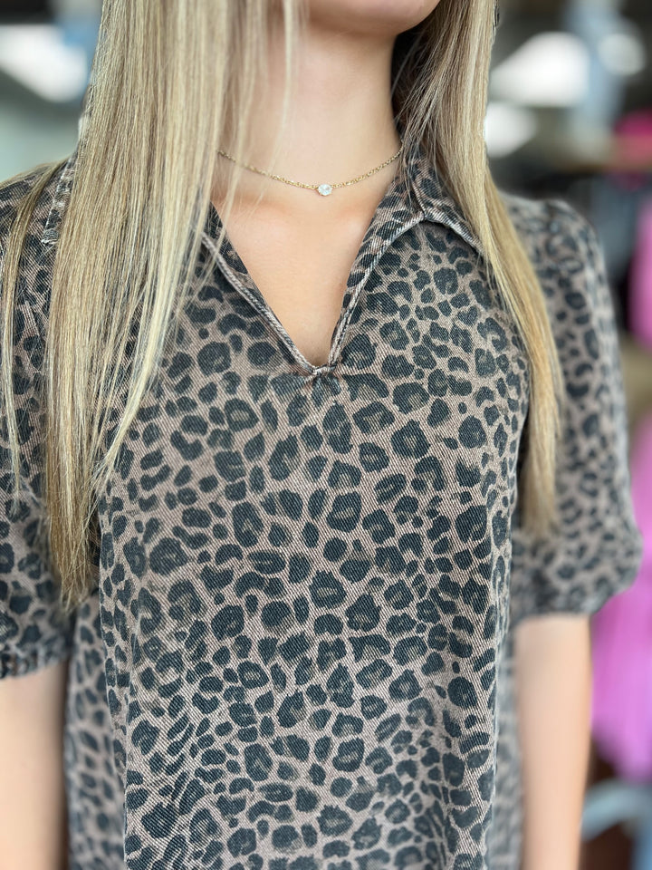 Stone Wash Leopard Print Mini Dress