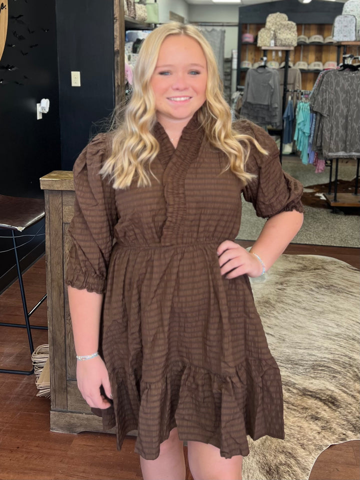 Ila Ruffle Trim Brown Babydoll Dress