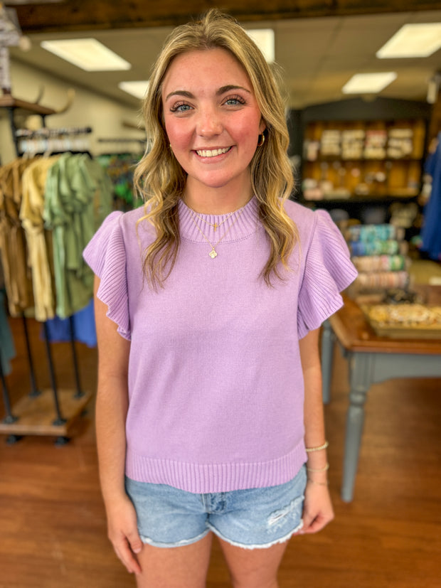 Lavender Ruffle Sleeve Sweater Top