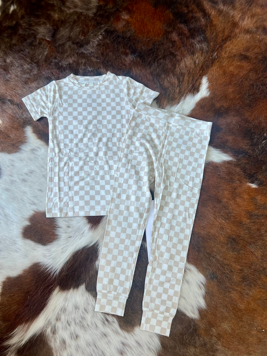 Cream Checkered Toddler Two Piece Bamboo Pajamas