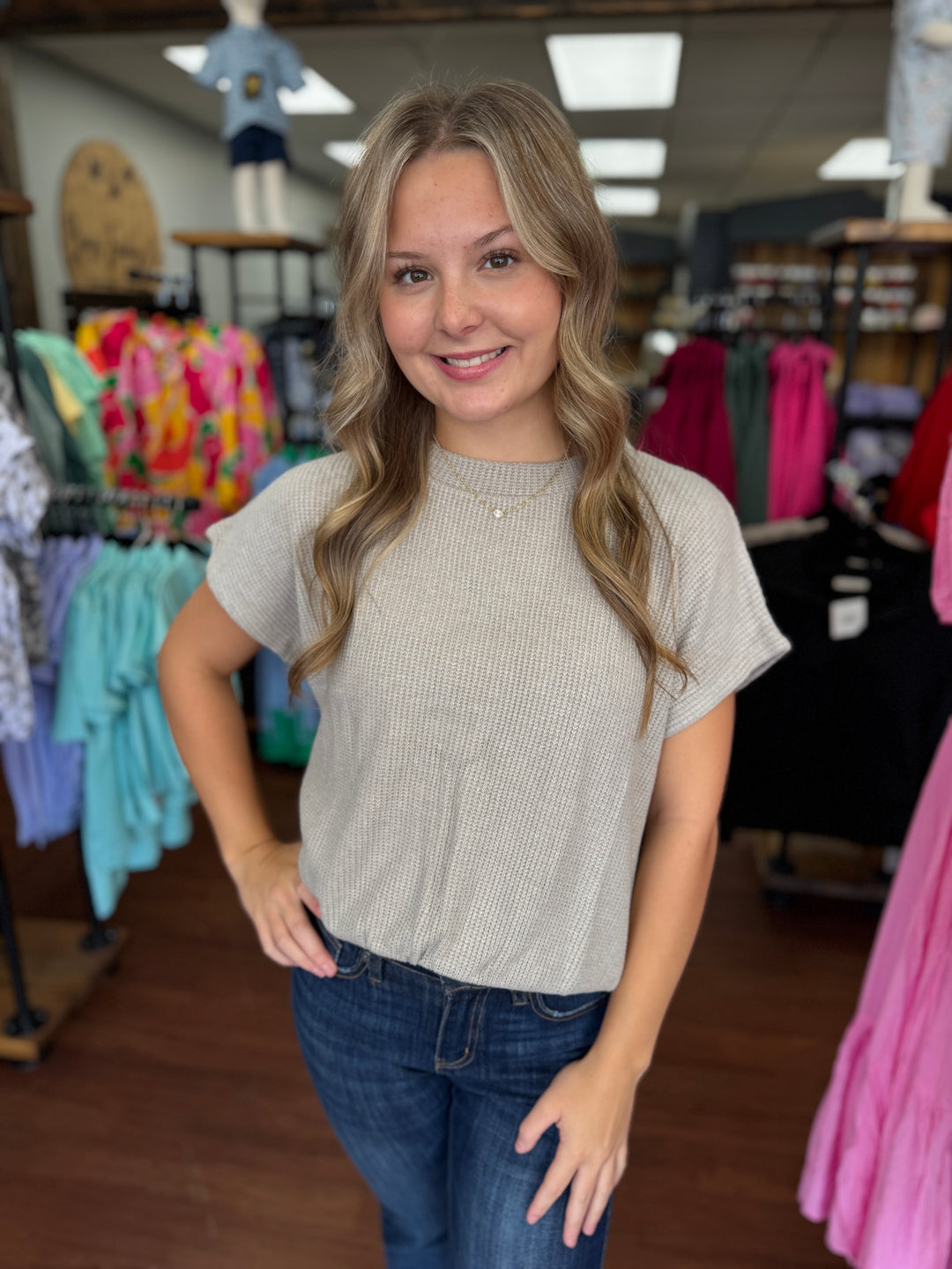 ROUND NECK BANDED BOTTON SHORT SLEEVE SWEATER TOP