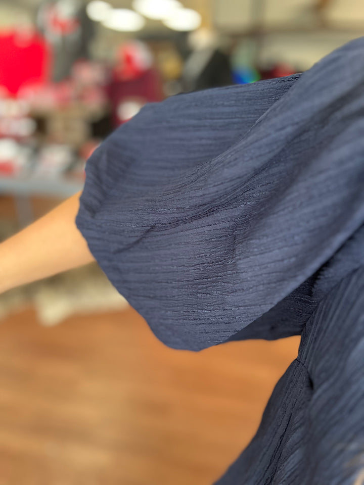 Navy Textured Puff Sleeve Blouse