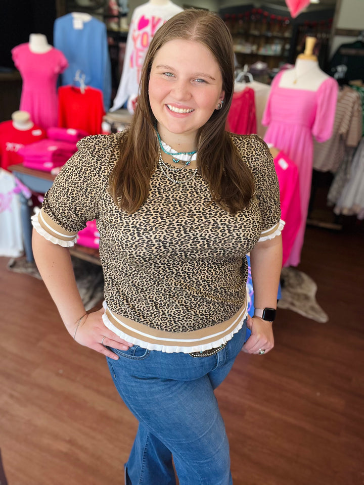 Leopard Print Knit Top with Contrast Trim