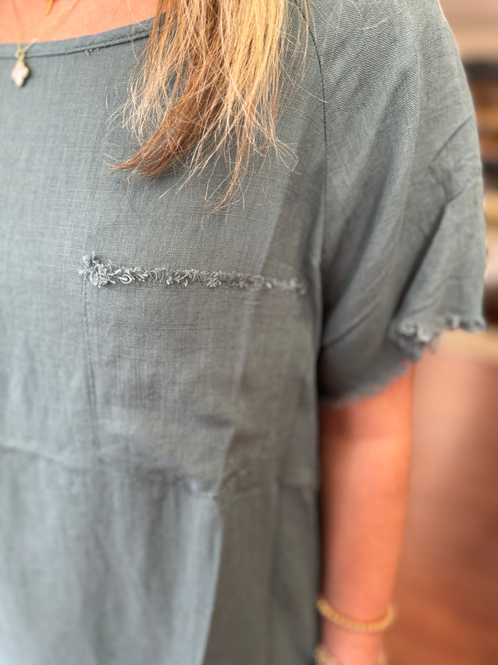 Linen Blend Pocket Top with Raw Hem