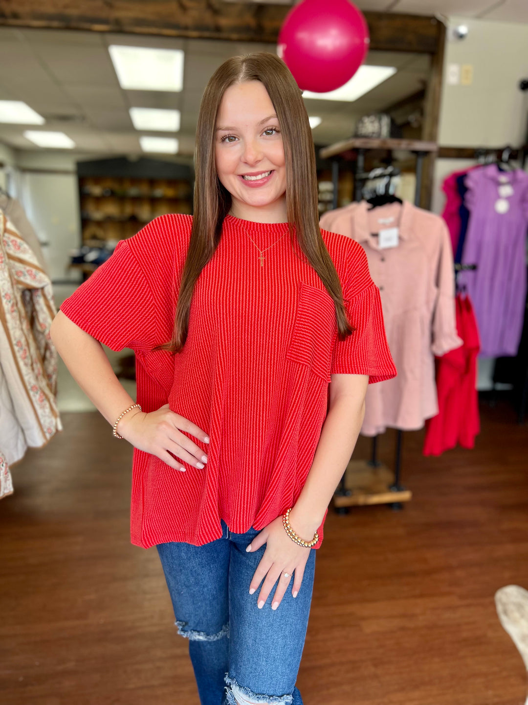 Callie Corded Rib Short Sleeve Pocket Top