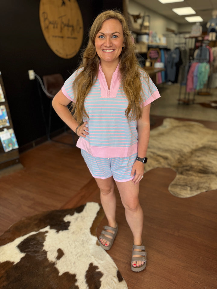 HALF ZIP UP STRIPED TOP AND SHORTS SETS