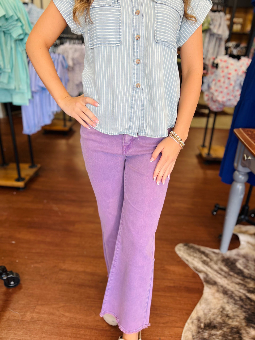 Ally Acid Washed High Waist Frayed Hem Flare Crop Pants