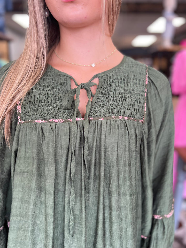 Olive Tiered Long Sleeve Mini Dress