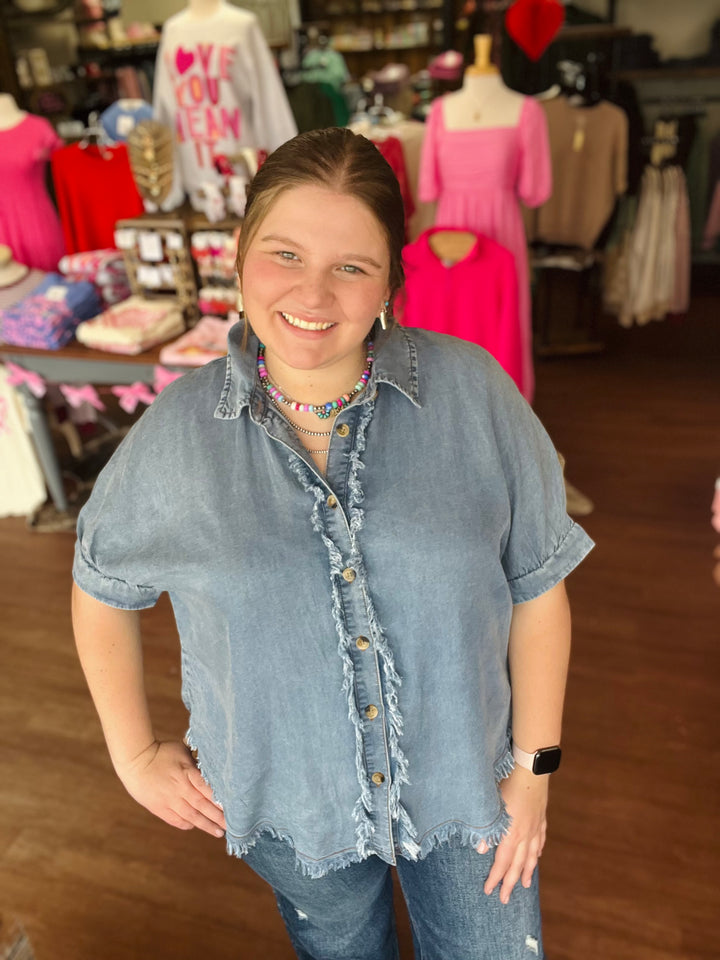 Frayed Trim Denim Button Top