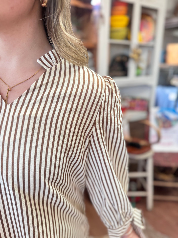 Striped VNeck Knot Bracelet Sleeve Blouse