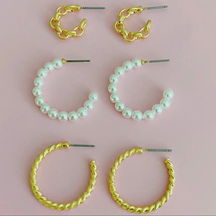 Set of 3 Pearl & Chain Hoop Earrings